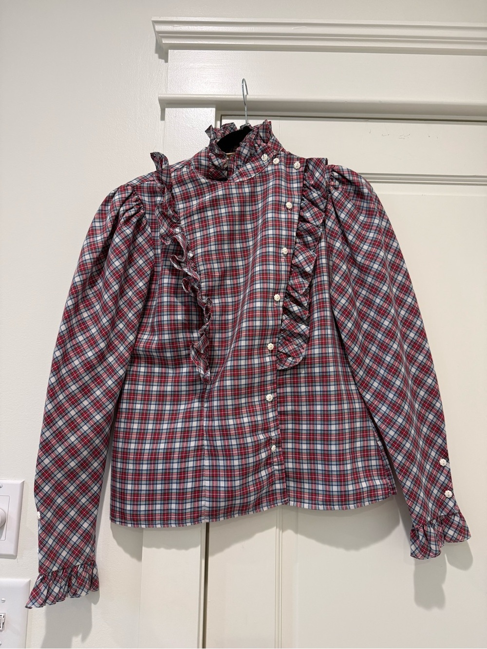 Ruffle-Neck Plaid Button-Down Top - Red/Black